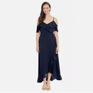 London Times Navy Blue Cold Shoulder Ruffled Wrap Midi Dress Size 10